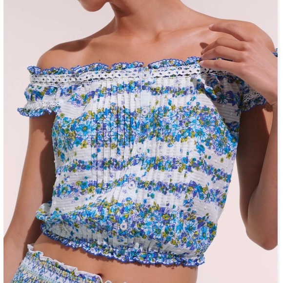 Poupette St Barth Tops - Poupette St Barth Blue Floral Off Shoulder Crop Top Button Front Lace Trim Small